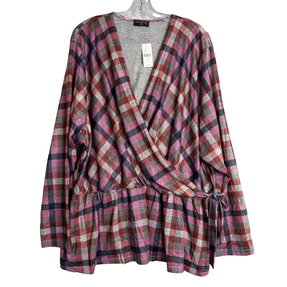 New Lane Bryant Faux‎ Wrap Top Womens 30/32 Pink Multi Plaid Peplum Preppy